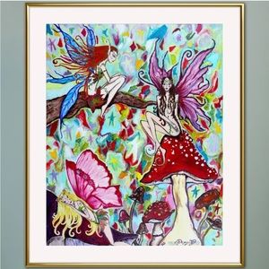 Faeries Realm Art Print of Oil Painting Fantasy Fairy Mushrooms Boho Home Decor